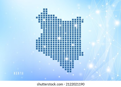 Abstrakte Pixelkarte von Kenia auf blauem Farbverlauf-Hintergrund, 3D Mesh Vector Polygon Netzwerk verbinden.