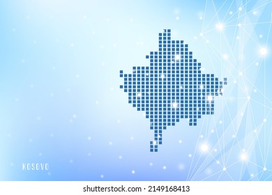 Abstract pixel map of Kosovo on blue Gradient Background, 3D Mesh Vector Polygon network connect.