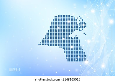 Abstract pixel map of Kuwait on blue Gradient Background, 3D Mesh Vector Polygon network connect.