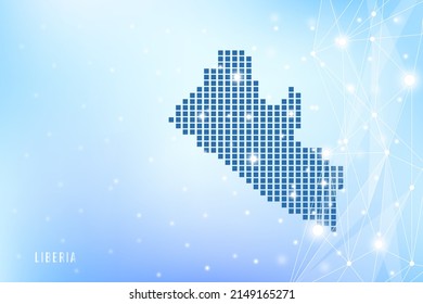 Mapa de píxeles abstractos de Liberia sobre fondo degradado azul, conexión de red de polígono de vectores de malla 3D.