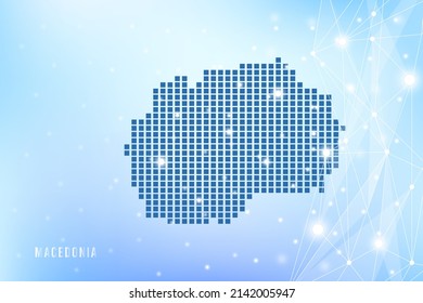 Abstract pixel map of Macedonia on blue Gradient Background, 3D Mesh Vector Polygon network connect.