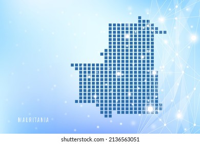 Abstrakte Pixelkarte Mauretaniens auf blauem Farbverlauf-Hintergrund, 3D Mesh Vector Polygon Netzwerk verbinden.