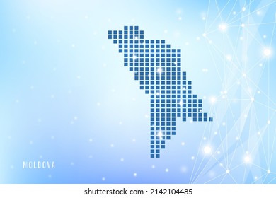 Mapa de píxeles abstractos de Moldavia sobre fondo degradado azul, conexión de red de polígono de vectores de malla 3D.