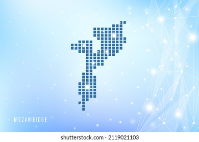 Abstract pixel map of Mozambique on blue Gradient Background, 3D Mesh Vector Polygon network connect.