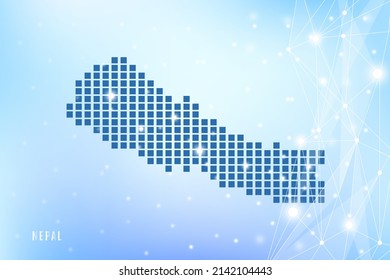Abstract pixel map of Nepal on blue Gradient Background, 3D Mesh Vector Polygon network connect.