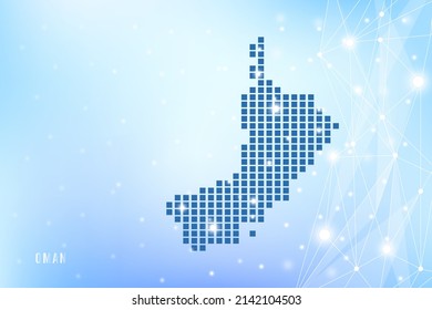 Abstract pixel map of Oman on blue Gradient Background, 3D Mesh Vector Polygon network connect.