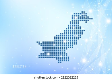 Mapa de píxeles abstractos de Pakistán en fondo degradado azul, conexión de red de polígono de vectores de malla 3D.