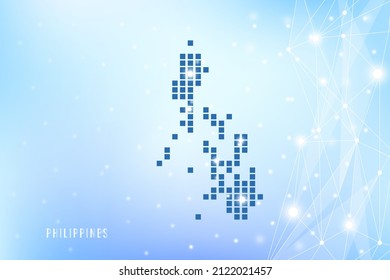 Mapa de píxeles abstractos de Filipinas sobre fondo degradado azul, conexión de red de polígono de vectores de malla 3D.