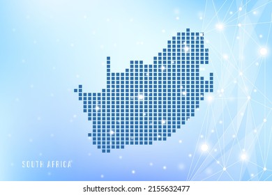 Abstract pixel map of South Africa on blue Gradient Background, 3D Mesh Vector Polygon network connect.