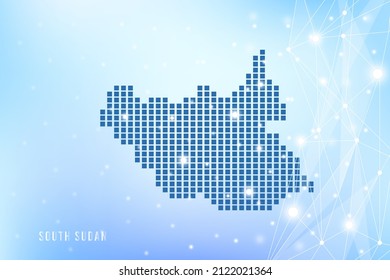 Abstract pixel map of South Sudan on blue Gradient Background, 3D Mesh Vector Polygon network connect.