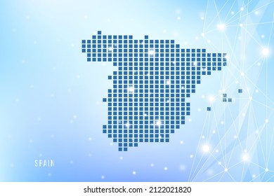 Abstract pixel map of Spain on blue Gradient Background, 3D Mesh Vector Polygon network connect.