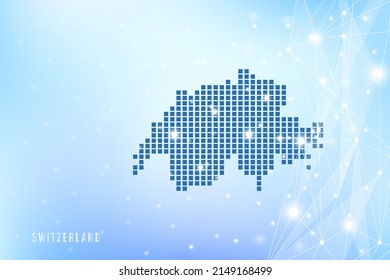 Abstract pixel map of Switzerland on blue Gradient Background, 3D Mesh Vector Polygon network connect.