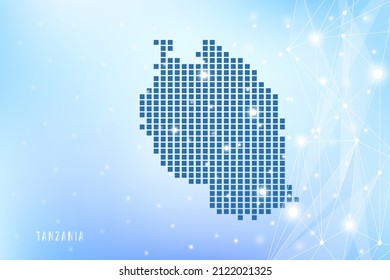 Mapa de píxeles abstractos de Tanzania en fondo degradado azul, conexión de red de polígono de vectores de malla 3D.