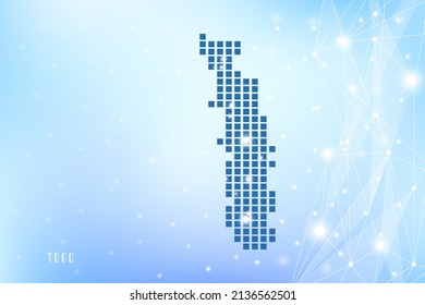 Mapa de píxeles abstractos de Togo sobre fondo degradado azul, conexión de red de polígono de vectores de malla 3D.