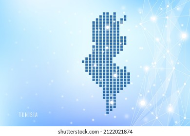Abstract pixel map of Tunisia on blue Gradient Background, 3D Mesh Vector Polygon network connect.