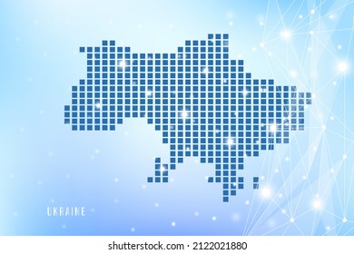 Abstract pixel map of Ukraine on blue Gradient Background, 3D Mesh Vector Polygon network connect.
