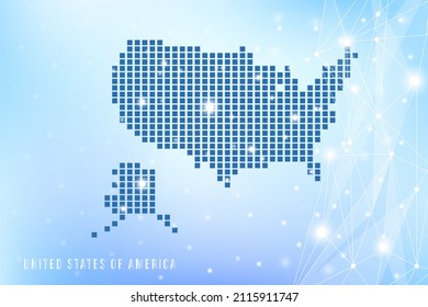 Abstract pixel map of United States of America on blue Gradient Background, 3D Mesh Vector Polygon network connect.