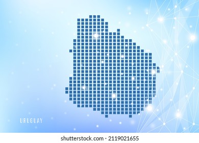 Abstract pixel map of Uruguay on blue Gradient Background, 3D Mesh Vector Polygon network connect.