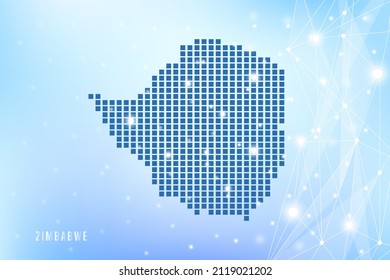Abstract pixel map of Zimbabwe on blue Gradient Background, 3D Mesh Vector Polygon network connect.