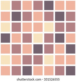 Abstract pixel mosaic background. Seamless illustration with white background underneath. Squares are peach color, dark pink, light yellow, grey. 