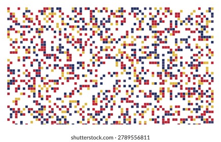 Abstract pixel mosaic background using primary red yellow and blue shades. Geometric grid texture featuring assorted square blocks for vibrant graphic design.