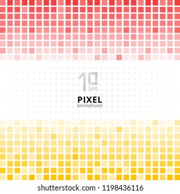 Abstract pixel mosaic red and yellow gradient color on white background. Geometric square tile pattern with radial halftone. Vector illustration