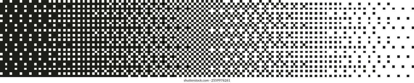 Abstract pixel pattern with fading dots and geometric shapes. Digital mosaic with dissolving squares and halftone texture background. Flat vector illustration isolated