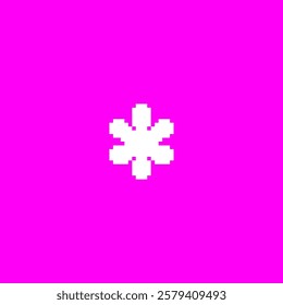 Abstract pixel snowflake, flower or star shape, 8 bit retro y2k style. Vector illustration of geometric icon in white on bright pink isolated background. 80s-90s aesthetics. For game or sticker.