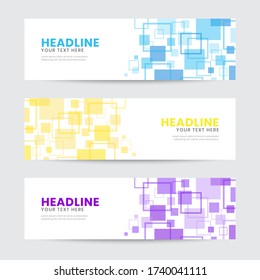 Abstract Pixel Square Element Banner Template. Spread and Random Layout. Blue, yellow, purple. Vector Illustration. Invitation, greeting, promotional design for banner, cover, web, poster, any media.