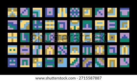 Abstract pixel symbol grid with colorful geometric tiles