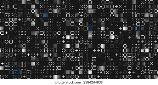 Abstrakte Pixelsymbole Vectormuster. Geometrisches Retro-Computerspiel-Stil Textur. Generative Art Tech Vektorgrafik. Raster von Pixelformen.