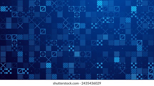 Abstract Pixel Symbols Vector Pattern. Geometric Retro Computer Game Style Texture. Generative Art Tech Vector Illustration. Grid of Pixel Shapes.