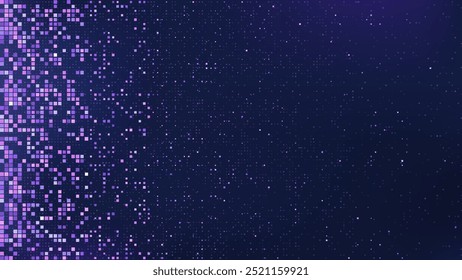 Abstract pixel texture pattern. Tech ai bg with square data block frame. Techno innovation gradient metaverse wallpaper. Random quadrangle tv screen concept. Network fade with pink and purple cube