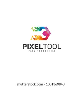Resumen Diseño del logotipo de la herramienta de píxeles - Icono de reparación digital colorido - Ilustración del vector mecánico triangular