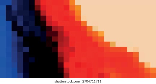 Ein abstrakter pixeliger Hintergrund mit fetten geometrischen Formen. Blöcke von blau, schwarz, rot und orange schaffen eine dynamische, bunte Komposition gegen eine hellbeige Ecke.