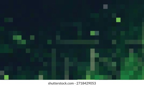 Fundo pixelado abstrato com quadrados geométricos verdes profundos e luminosos criando um padrão de brilho futurista, ideal para projetos de tecnologia e design gráfico moderno