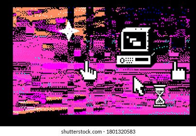 Abstract pixelated background with flickers and datamoshing effect. Vaporwave and cyberpunk style aesthetics.