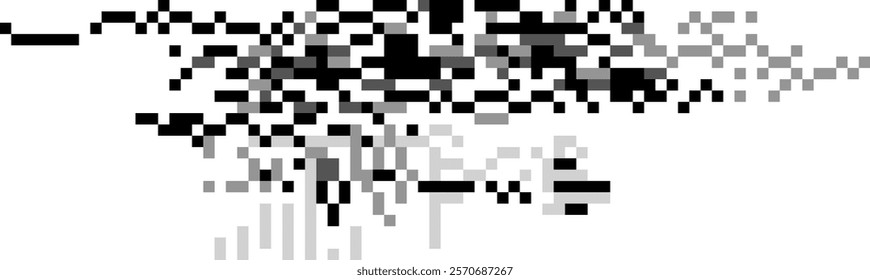 Abstract pixelated background forming a dynamic design with black and grey squares fading into white, suitable for technology, video game or futuristic concepts