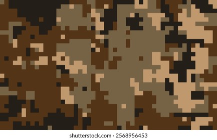 Abstract pixelated camouflage pattern in earthy tones.  Perfect for backgrounds, textiles, or military-themed designs.  Versatile and stylish, this digital print offers a unique texture.