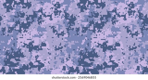 Abstract pixelated camouflage pattern in muted blues and purples.  Perfect for backgrounds, textiles, or digital designs.  Versatile and stylish, this seamless texture offers a modern aesthetic.