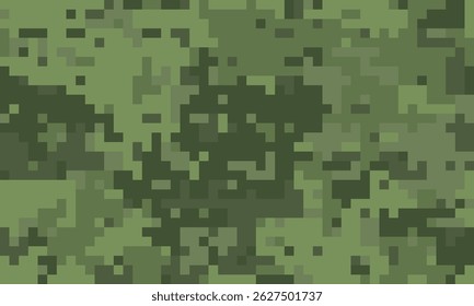 Abstract pixelated camouflage pattern in muted greens. Ideal for backgrounds, textures, or design elements needing a blend of concealment and modern aesthetics.