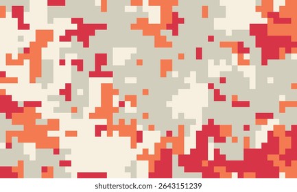 Padrão de camuflagem em pixels abstrato em laranjas silenciadas e vermelhos sobre um fundo bege. Ideal para projetos de design de jogos, tecnologia ou moda.