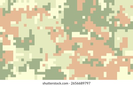 Padrão de camuflagem pixelado abstrato em tons de terra silenciados. Ideal para fundos, texturas ou elementos de design que transmitem temas de ocultação, estratégia ou estética militar.
