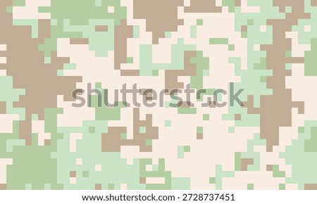 Abstract pixelated camouflage pattern in muted greens and browns.  Perfect for backgrounds, textures, or fashion design.  Represents concealment, blending, or digital disruption.