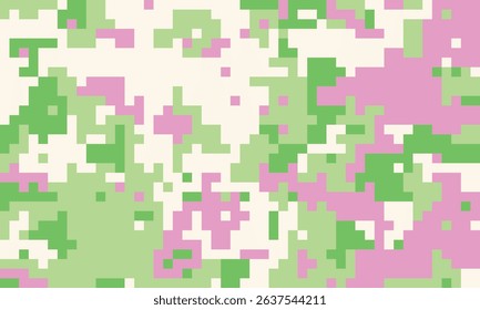 Abstract pixelated camouflage pattern in pastel pink and green.  Perfect for backgrounds, textiles, or digital design projects needing a unique, modern, and playful aesthetic.