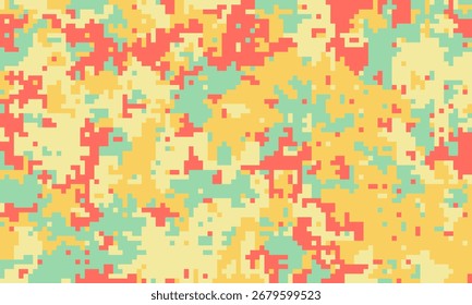 Patrón de camuflaje pixelado Abstractas en coral pastel, amarillo y verde menta.  Ideal para fondos, texturas, diseños de moda y vibrantes proyectos de arte digital.