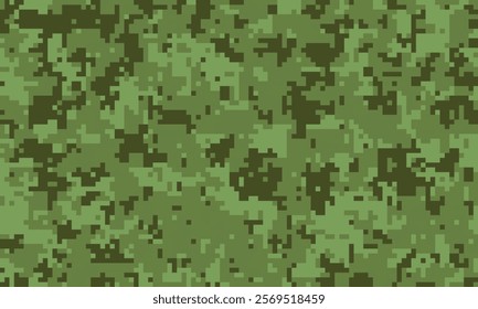 Abstract pixelated camouflage pattern in shades of green.  Ideal for backgrounds, textiles, military-themed designs, or gaming assets.  Versatile and stylish digital texture.