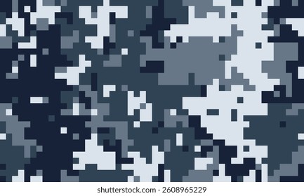 Abstract pixelated camouflage pattern in shades of blue and white.  Perfect for digital backgrounds, textiles, or militarythemed designs.