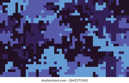 Abstract pixelated camouflage pattern in shades of blue and purple.  Ideal for backgrounds, textiles, or digital projects needing a modern, techinspired aesthetic.