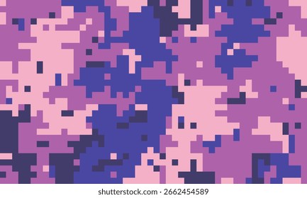 Abstract pixelated camouflage pattern in shades of pink and purple.  Perfect for fashion, gaming, tech, or digital art projects.
